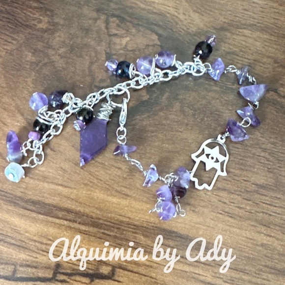 Amethyst handmade rosary link adjustable silver statement bracelet - Picture 1 of 4
